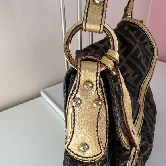 Fendi Chef Brown and Black Zucca Logo Shoulder Bag with Gold Charm